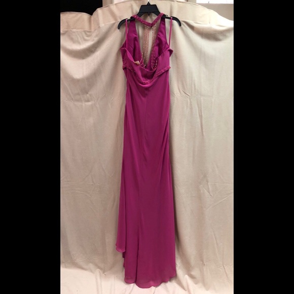 Vintage 90's Raspberry Pink Ruffle Halter Gown - Picture 7 of 8